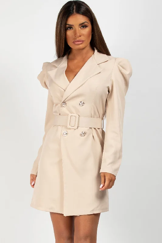 Stone Puff Sleeve Belted Blazer Dress Women's Casual Suit