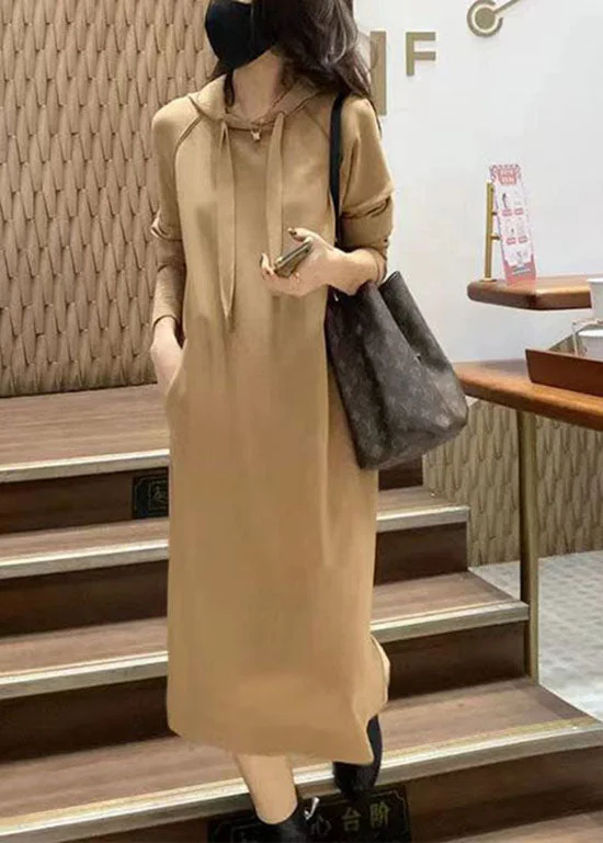 Style Khaki Hooded Cinched Cotton Sweatshirt dress Spring Hoodie with Toggle Buttons Decorative Unique Style Khaki Hooded Cinched Cotton Sweatshirt dress Spring Hoodie with Toggle Buttons Decorative Unique