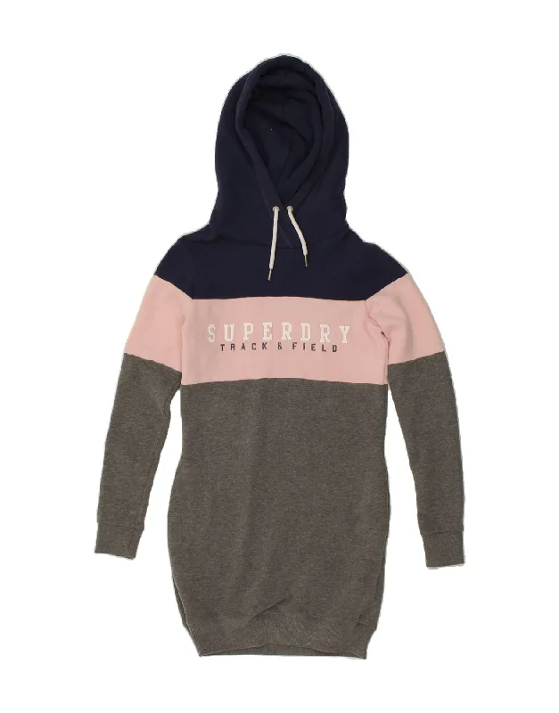 SUPERDRY Womens Graphic Sweatshirt Hoodie Dress UK 6 XS Grey Colourblock Hoodie with Hem Applique Textured Unique SUPERDRY Womens Graphic Sweatshirt Hoodie Dress UK 6 XS Grey Colourblock Hoodie with Hem Applique Textured Unique