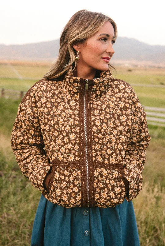 Tasia Jacket in Brown Floral Zip Front Button Front Snap Front