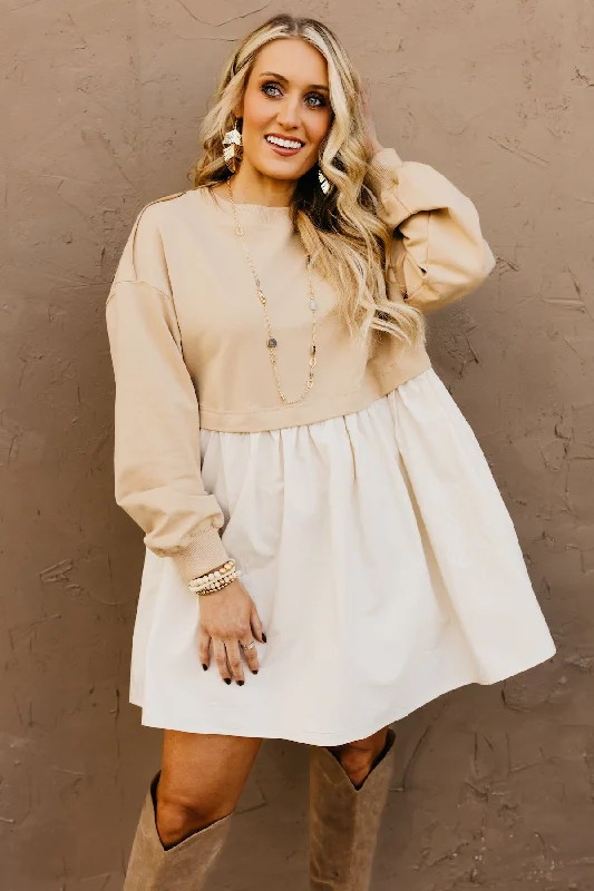 The Juan Poplin Sweatshirt Mini Dress Hoodie with Earth Tones Natural Calm