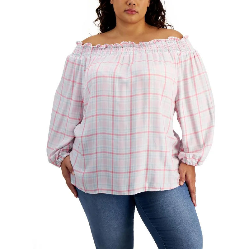 Tommy Hilfiger Womens Plus Plaid Off-The-Shoulder Pullover Top Slim Sleeve Pullover