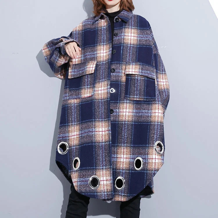 vintage blue Plaid Coats plus size Turn-down Collar Winter coat boutique pockets coat Puff Sleeve Blazer