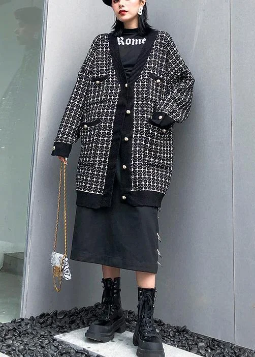 Vintage plaid black knitwear casual v neck cardigans Asymmetrical,ymmetric Pencil Cardigan Vintage plaid black knitwear casual v neck cardigans Asymmetrical,ymmetric Pencil Cardigan