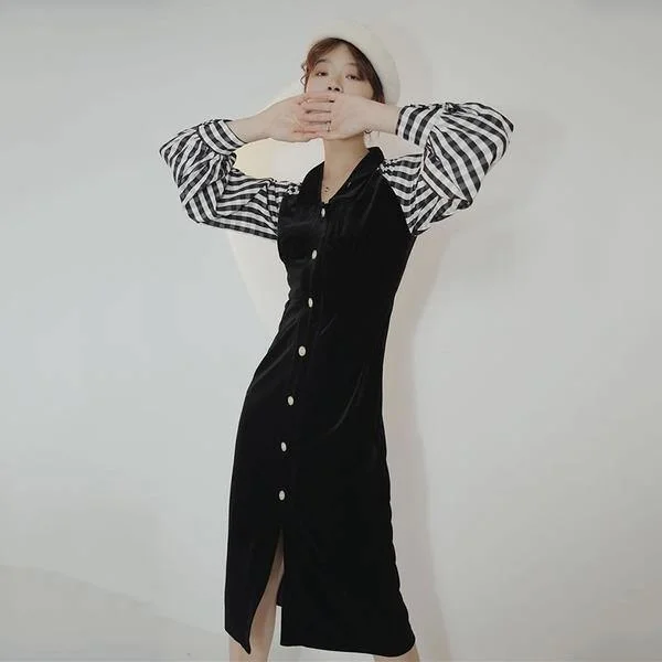 Vintage V-neck Collar Slim Pullover Women Dress Spring and Autumn All-match Crew Neck Wool Vintage V-neck Collar Slim Pullover Women Dress Spring and Autumn All-match Crew Neck Wool