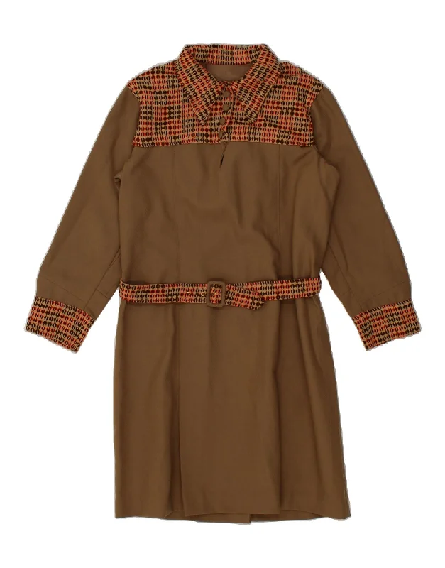 VINTAGE Womens 3/4 Sleeve Pullover Shirt Dress UK 10 Small Brown Spotted Ribbed Crew Neck VINTAGE Womens 3/4 Sleeve Pullover Shirt Dress UK 10 Small Brown Spotted Ribbed Crew Neck