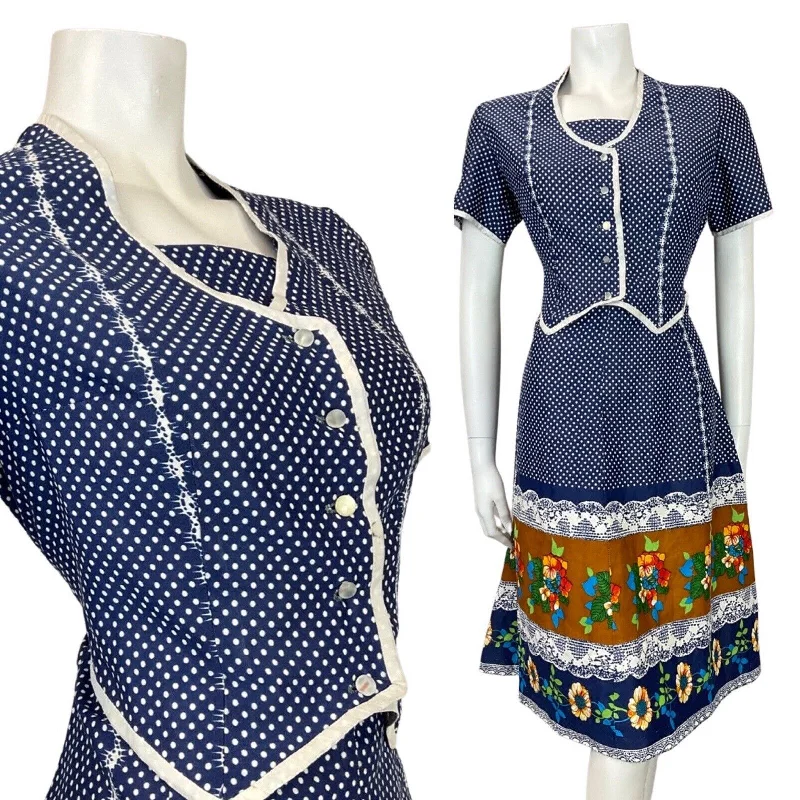 VINTAGWE 60s 70s BLUE WHITE BROWN POLKA-DOT FLORAL JACKET DRESS 12 14 Denim Fabric Leather Fabric Suede Fabric VINTAGWE 60s 70s BLUE WHITE BROWN POLKA-DOT FLORAL JACKET DRESS 12 14 Denim Fabric Leather Fabric Suede Fabric