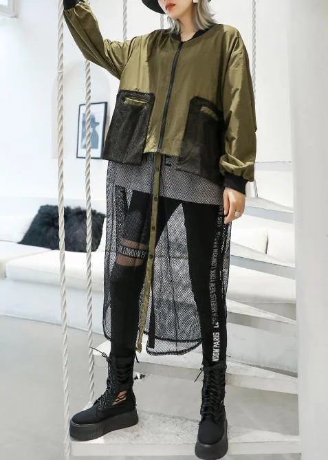 women army green Coats Loose pockets patchwork coat Softshell Outdoor Jacket