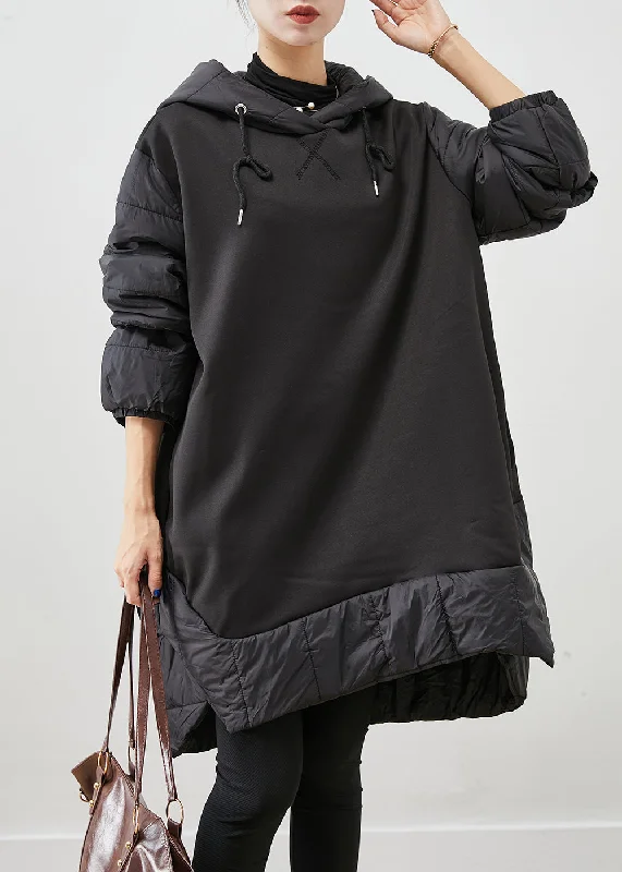 Women Black Hooded Patchwork Thick Cotton Pullover Sweatshirt Dress Fall Hoodie with Crew Neck Simple Timeless Women Black Hooded Patchwork Thick Cotton Pullover Sweatshirt Dress Fall Hoodie with Crew Neck Simple Timeless