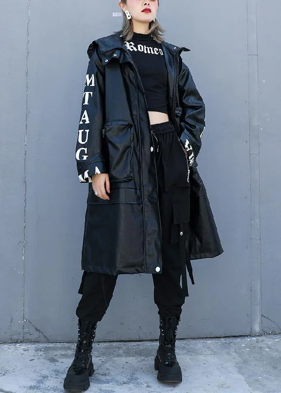 Women black fine crane coats design hooded pockets PU coats Longline Wool Coat