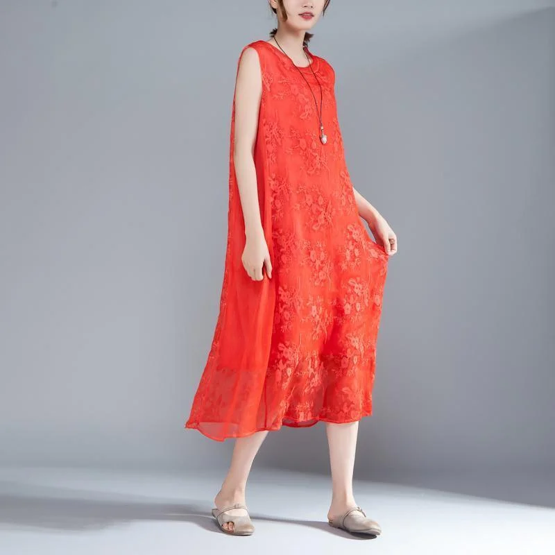 Women Embroidered Pullovers Sleeveless Red Dress Surplice Neck Pullover