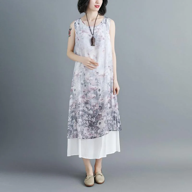 Women Sleeveless Printed Patchwork Pullovers Dress Kimono Neck Pullover