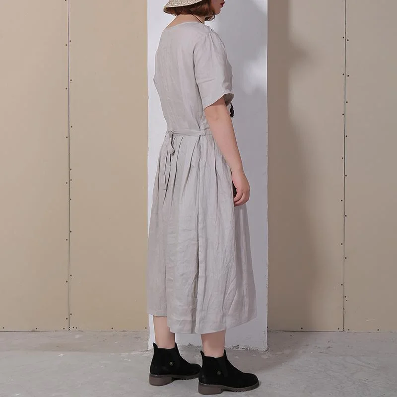 Women Summer Casual Solid Pullover Loose Short Sleeve Maxi Dress Deep Neck Pullover
