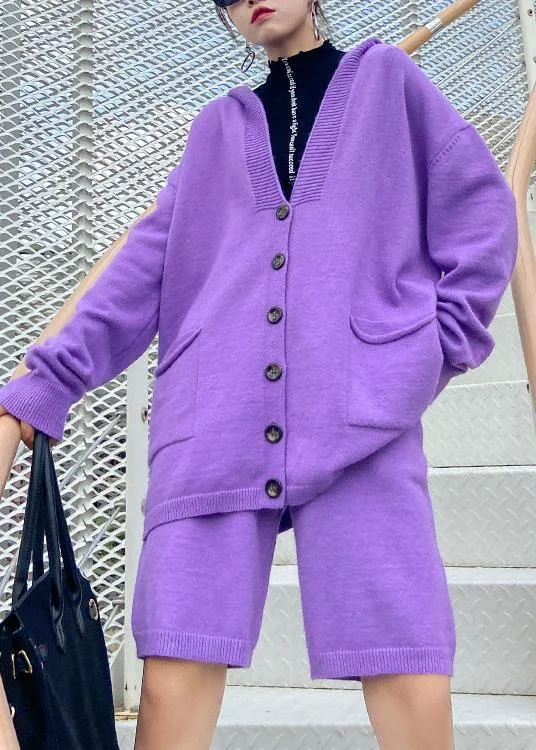 Women's autumn plus size fashion knitted cardigan shorts purple two-piece Open Front Closed Front Wrap Front Women's autumn plus size fashion knitted cardigan shorts purple two-piece Open Front Closed Front Wrap Front