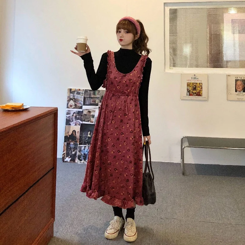 Women's Vintage Floral Corduroy Slip Dresses With Pure Color Sweatshirts Hoodie with Strings Custom Fit Adjustable