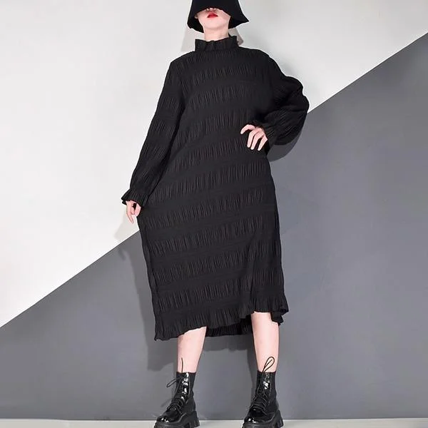 Wrinkles Casual Dress Women Trendy Fashion New Style Stand Collar Long Flare Sleeve Pullover Tight Sleeve Top Wrinkles Casual Dress Women Trendy Fashion New Style Stand Collar Long Flare Sleeve Pullover Tight Sleeve Top