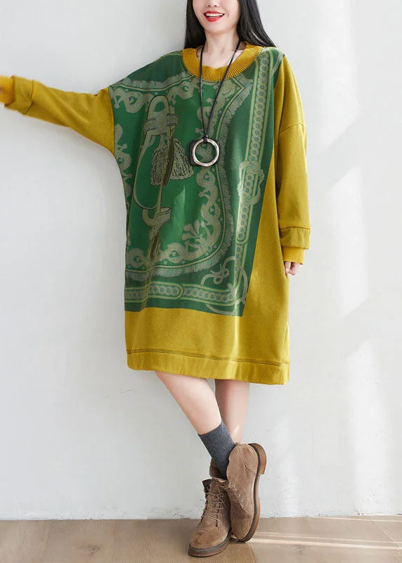 Yellow Patchwork Cotton Loose Sweatshirt Dress O-Neck Print Spring Hoodie with Raglan Sleeves Sporty Comfortable Yellow Patchwork Cotton Loose Sweatshirt Dress O-Neck Print Spring Hoodie with Raglan Sleeves Sporty Comfortable