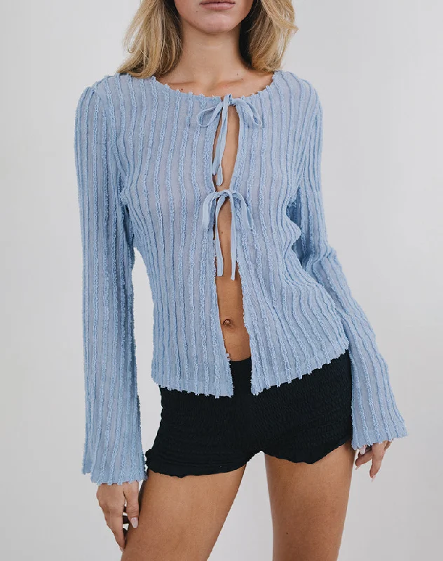Araceli Tie Front Cardigan in Crinkle Blue Fitted Loose Oversized