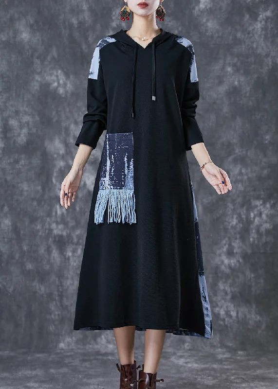 Art Black Tasseled Patchwork Tie Dye Cotton Loose Sweatshirt Dress Fall Hoodie with Fur Luxurious Winter Art Black Tasseled Patchwork Tie Dye Cotton Loose Sweatshirt Dress Fall Hoodie with Fur Luxurious Winter