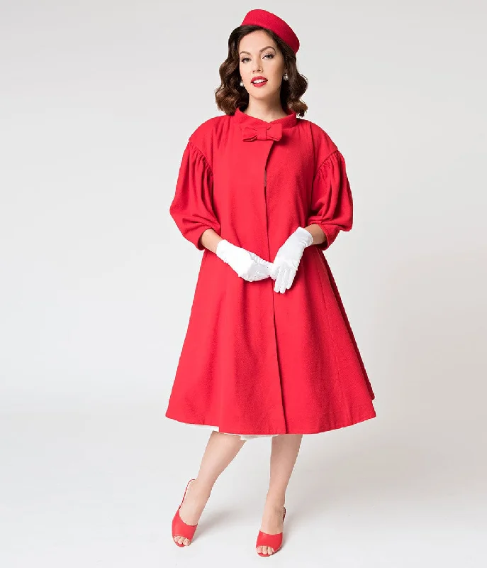 Barbie™ x Unique Vintage 1960s Style Red Flare Swing Coat Puff Sleeve Overcoat