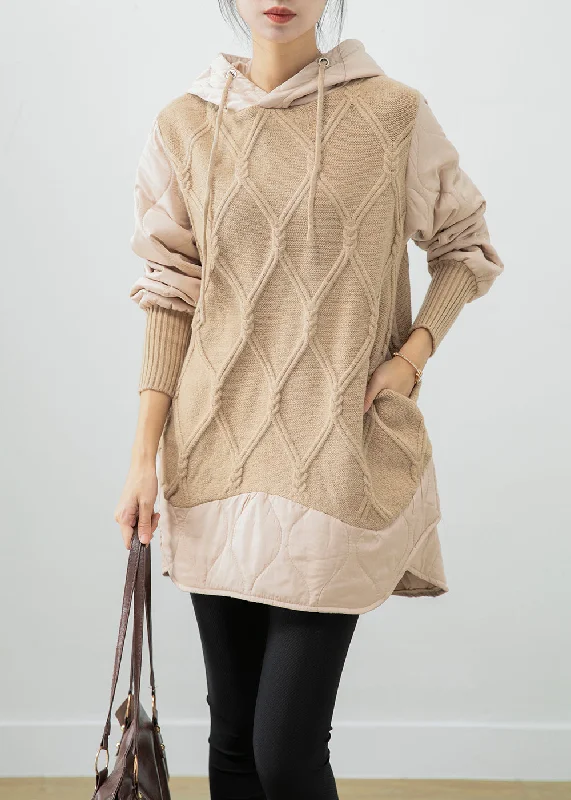 Beautiful Beige Hooded Patchwork Fine Cotton Filled Sweatshirt Dress Winter Hoodie with Zipper Versatile Modern Beautiful Beige Hooded Patchwork Fine Cotton Filled Sweatshirt Dress Winter Hoodie with Zipper Versatile Modern