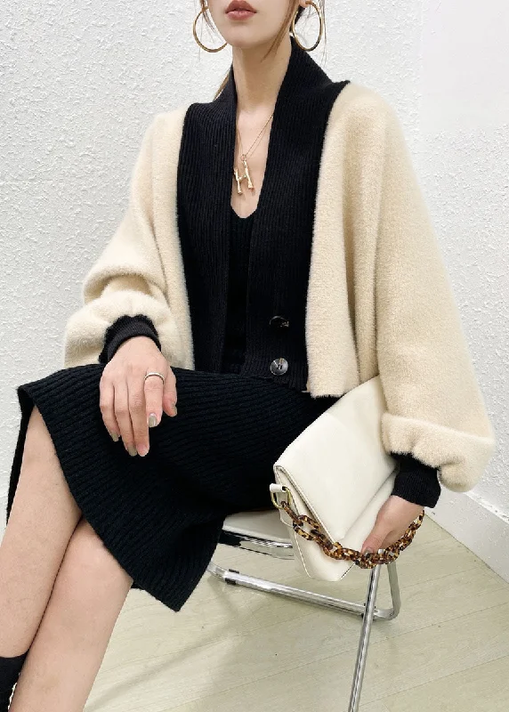 Beautiful Beige Mink Hair Knitted Coats And Knitted Long Dress Two Pieces Set Winter Cropped Tweed Jacket