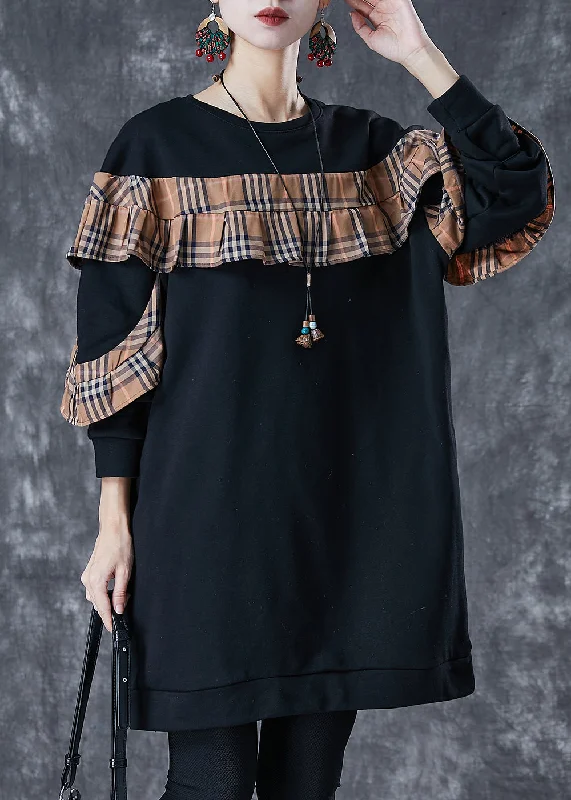Black Loose Patchwork Cotton Sweatshirt Dress Ruffled Fall Hoodie Crop Top Short Trendy Black Loose Patchwork Cotton Sweatshirt Dress Ruffled Fall Hoodie Crop Top Short Trendy