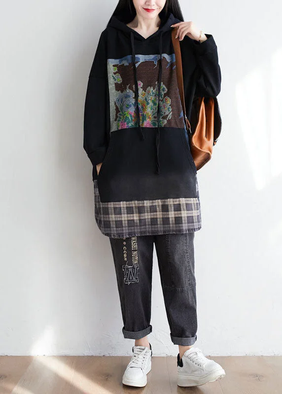 Black Patchwork Cotton Pullover Sweatshirt Dress Oversized Print Spring Hooded Sweatshirt Casual Wear Street Style Black Patchwork Cotton Pullover Sweatshirt Dress Oversized Print Spring Hooded Sweatshirt Casual Wear Street Style