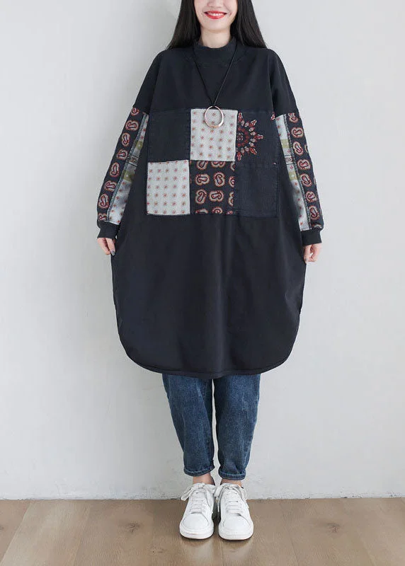 Black Print Cotton Sweatshirts Dress Oversized Side Open Spring Hoodie Jacket Zipper Layering Black Print Cotton Sweatshirts Dress Oversized Side Open Spring Hoodie Jacket Zipper Layering