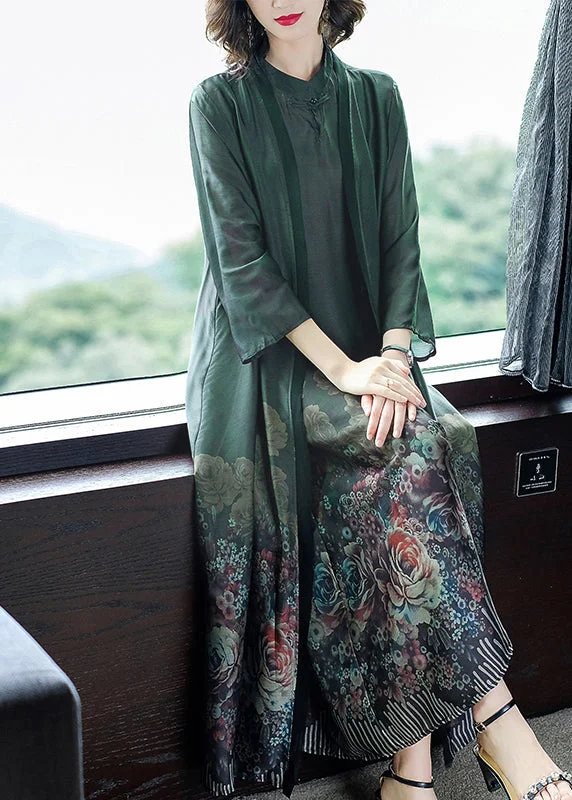 Blackish Green Print Silk Cardigans And Long Dress Two Pieces Set Button Spring Fitted Slim Tailored Blackish Green Print Silk Cardigans And Long Dress Two Pieces Set Button Spring Fitted Slim Tailored