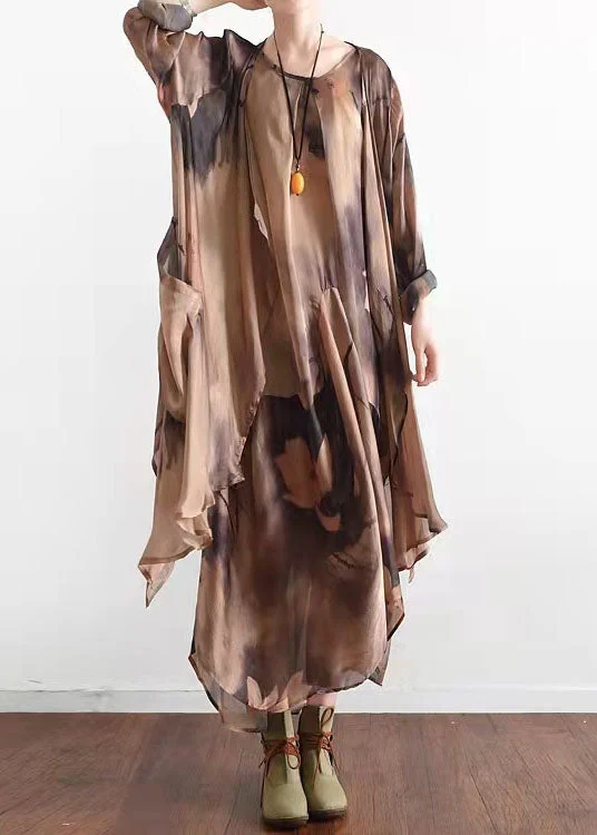 Bohemian Khaki Asymmetrical Print Silk Cardigans And Dress Two Piece Suit Set Summer Casual Formal Business Bohemian Khaki Asymmetrical Print Silk Cardigans And Dress Two Piece Suit Set Summer Casual Formal Business