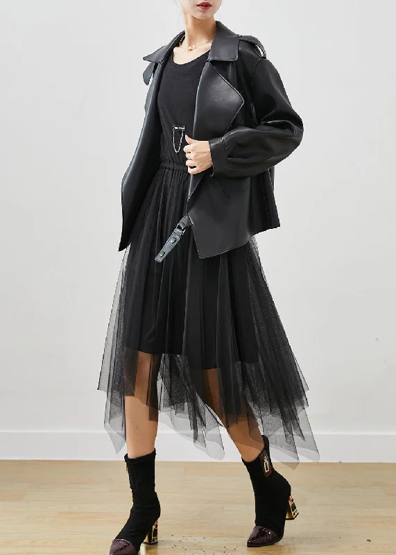 Boho Black Faux Leather Coats And Tull Dress Two Piece Set Women Clothing Spring Soft Thermal Overcoat Boho Black Faux Leather Coats And Tull Dress Two Piece Set Women Clothing Spring Soft Thermal Overcoat