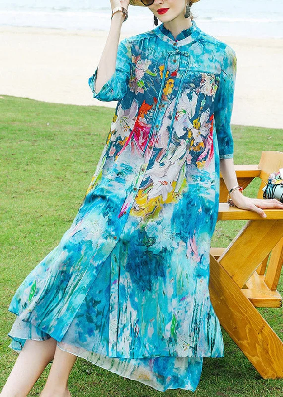 Boho Blue Stand Collar Print Silk Cardigans And Long Dress Two Pieces Set Summer Stylish Fashionable Trendy Boho Blue Stand Collar Print Silk Cardigans And Long Dress Two Pieces Set Summer Stylish Fashionable Trendy