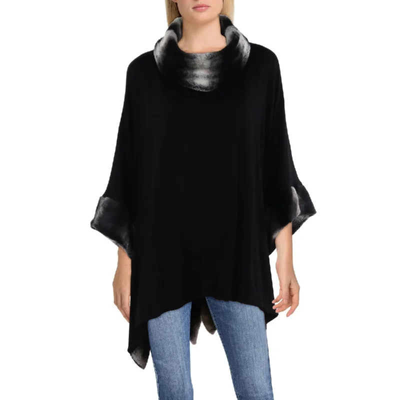 Capote Womens Knit Faux Fur Trim Wrap Coat Luxury Cashmere Wrap