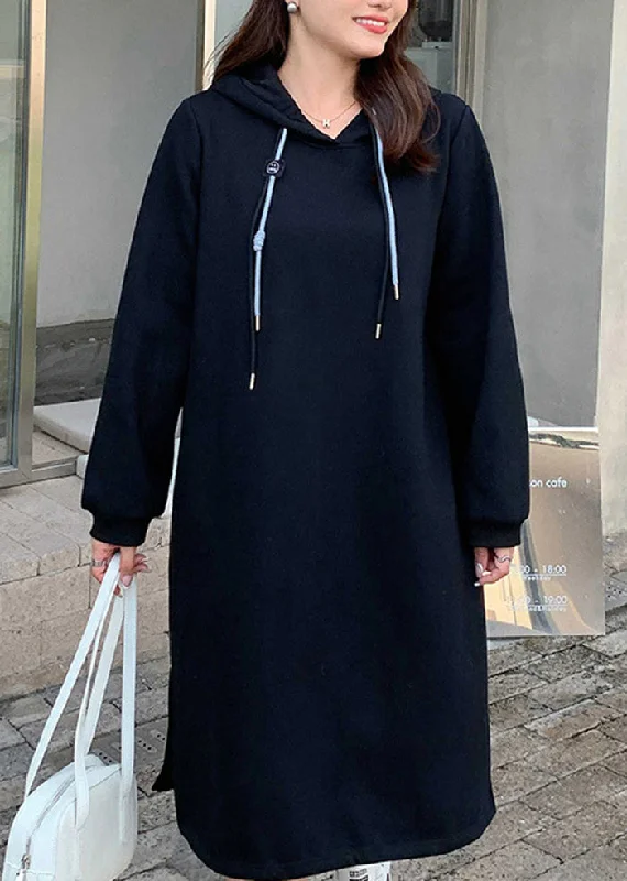 Casual Black Hooded Thick Warm Fleece Sweatshirt Dress Winter Hoodie with Hem Embroidery Detailed Premium Casual Black Hooded Thick Warm Fleece Sweatshirt Dress Winter Hoodie with Hem Embroidery Detailed Premium
