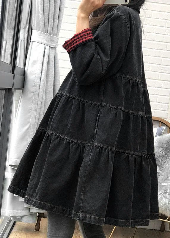 Chic Black Loose Button Patchwork Fall trench coats Dress Warm Hooded Poncho