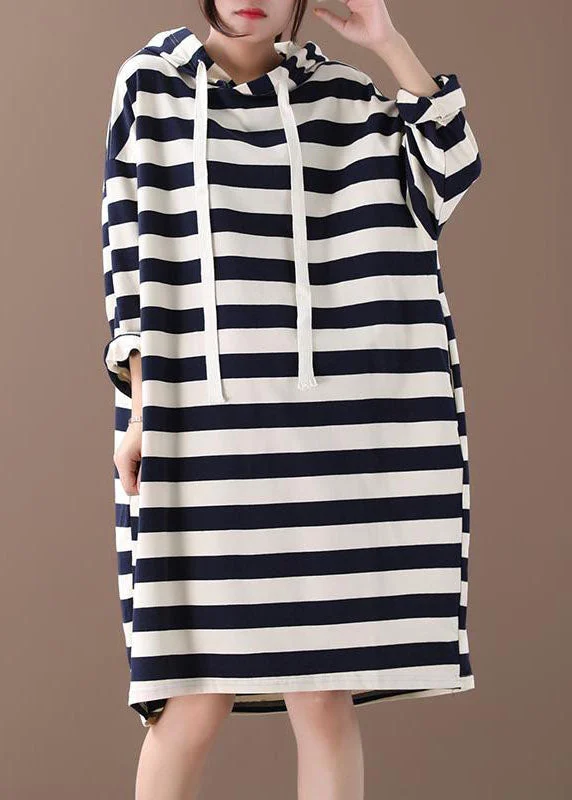 Chic Hooded Striped Cotton Sweatshirt Street wear dress Spring Hoodie with Hem Drawcord Adjustable Customizable Chic Hooded Striped Cotton Sweatshirt Street wear dress Spring Hoodie with Hem Drawcord Adjustable Customizable
