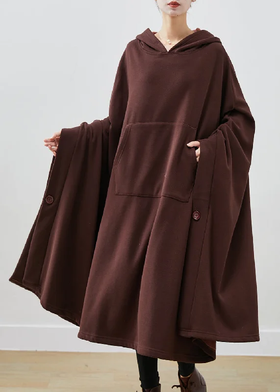 Chocolate Loose Cotton Lengthen Sweatshirt Dress Asymmetrical Winter Hoodie with Back Slit Movement Comfort Chocolate Loose Cotton Lengthen Sweatshirt Dress Asymmetrical Winter Hoodie with Back Slit Movement Comfort