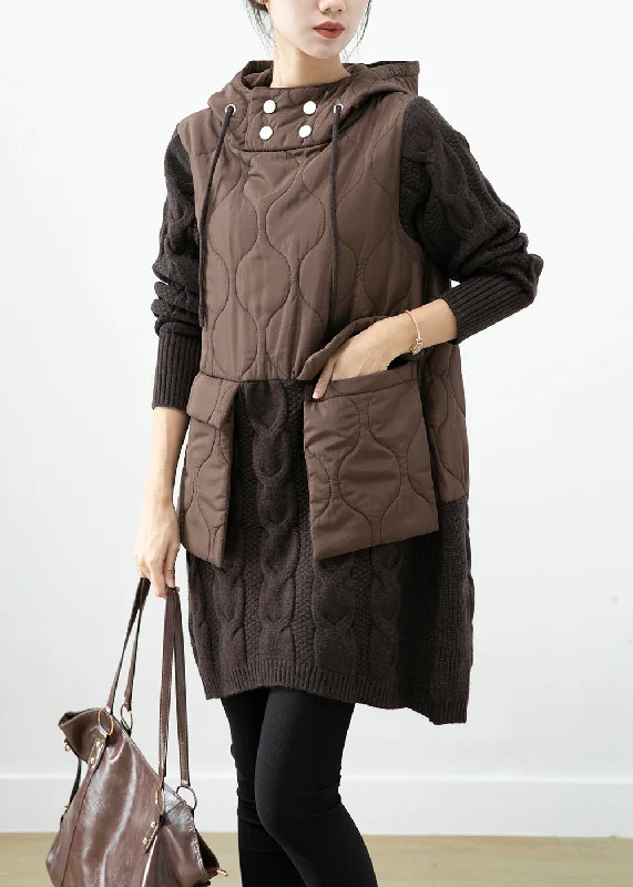 Chocolate Patchwork Knit Warm Fleece Pullover Sweatshirt Dress Hooded Pockets Winter Hoodie with Front Slit Layering Stylish Chocolate Patchwork Knit Warm Fleece Pullover Sweatshirt Dress Hooded Pockets Winter Hoodie with Front Slit Layering Stylish