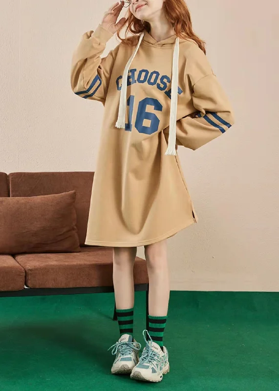 Classy Khaki drawstring Print side open Sweatshirt Spring dress Hoodie with Slit Hem Functional Movement Classy Khaki drawstring Print side open Sweatshirt Spring dress Hoodie with Slit Hem Functional Movement