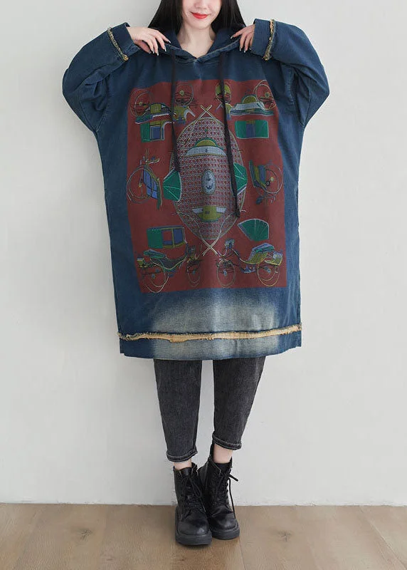 Denim Blue Print Cotton Sweatshirt Dress Oversized Drawstring Spring Hoodie with Tied Waist Feminine Flattering Denim Blue Print Cotton Sweatshirt Dress Oversized Drawstring Spring Hoodie with Tied Waist Feminine Flattering