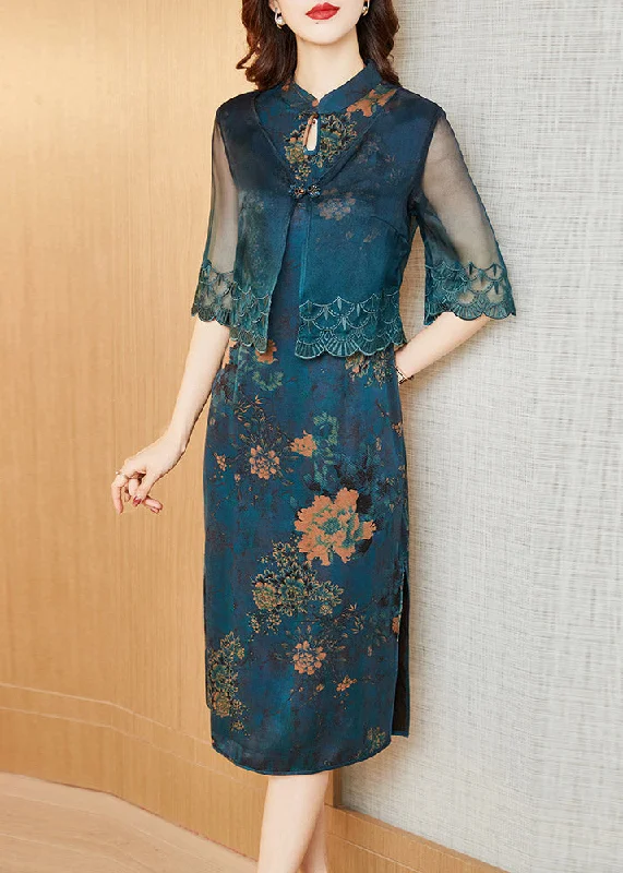 Fashion Blue Stand Collar Cardigans And Long Dress Silk Two Pieces Set Summer Handmade Hand-knitted Hand-woven Fashion Blue Stand Collar Cardigans And Long Dress Silk Two Pieces Set Summer Handmade Hand-knitted Hand-woven