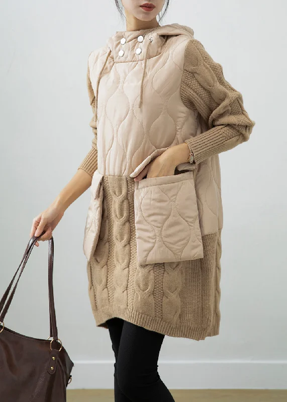 Fine Beige Oversized Patchwork Thick Warm Fleece Sweatshirt Dress Winter Hoodie with Half-Zip Sporty Casual Fine Beige Oversized Patchwork Thick Warm Fleece Sweatshirt Dress Winter Hoodie with Half-Zip Sporty Casual
