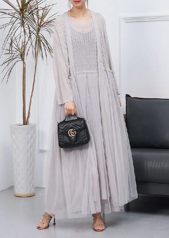 French Grey Knit Patchwork Cardigans And Dress Tulle Two Pieces Set Spring Terry Terry Cloth Terry Knit French Grey Knit Patchwork Cardigans And Dress Tulle Two Pieces Set Spring Terry Terry Cloth Terry Knit