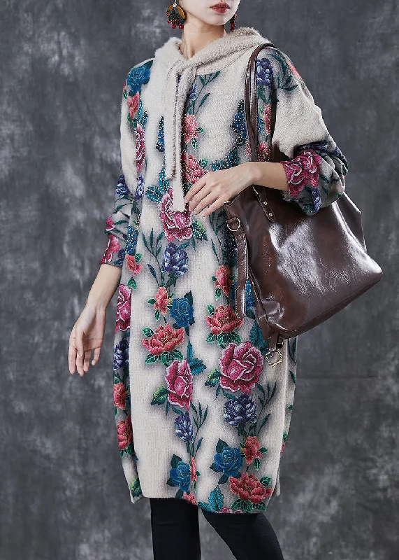 French Khaki Oversized Floral Mink Velvet Knit Pullover Sweatshirt Dress Winter Hoodie with Gradient Ombre Colorful French Khaki Oversized Floral Mink Velvet Knit Pullover Sweatshirt Dress Winter Hoodie with Gradient Ombre Colorful