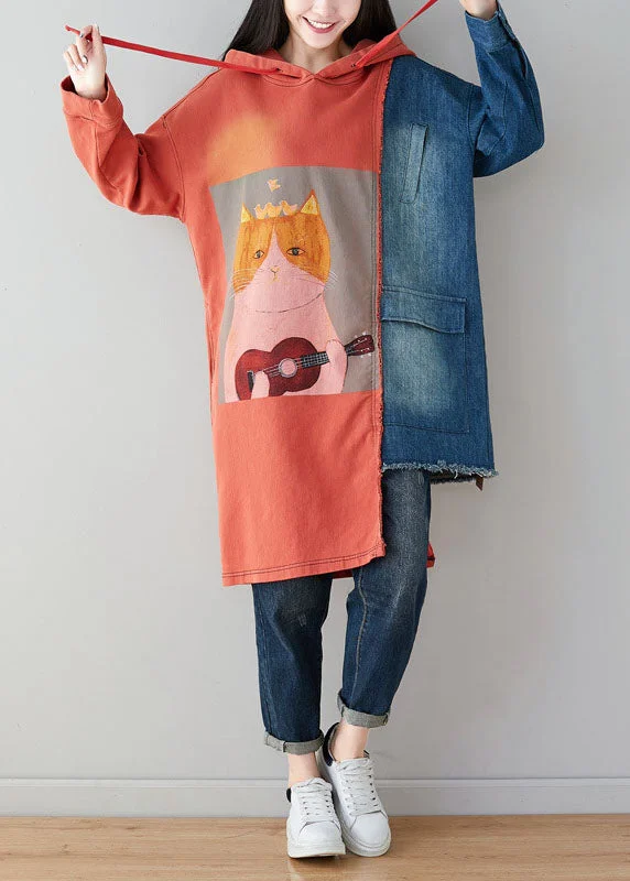 French Orange Asymmetrical Design Cartoon Print Cotton Sweatshirt Dress Spring Hoodie with Crew Neck Simple Timeless French Orange Asymmetrical Design Cartoon Print Cotton Sweatshirt Dress Spring Hoodie with Crew Neck Simple Timeless