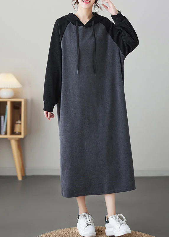 Grey Patchwork Loose Long Hooded Sweatshirt Dresses Winter Hoodie with Set-In Sleeves Structured Classic Grey Patchwork Loose Long Hooded Sweatshirt Dresses Winter Hoodie with Set-In Sleeves Structured Classic