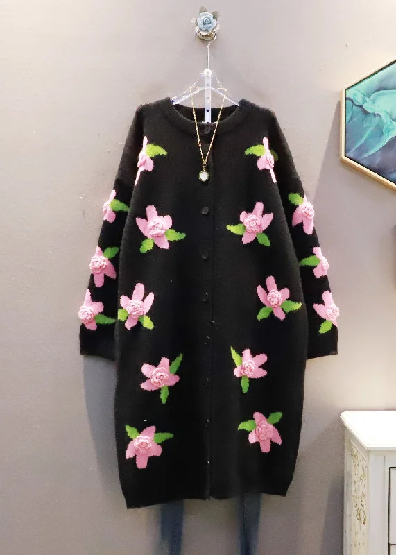 Italian Black O-Neck Floral Warm Knit Loose Cardigan Spring Elasticated Padded Insulated Italian Black O-Neck Floral Warm Knit Loose Cardigan Spring Elasticated Padded Insulated