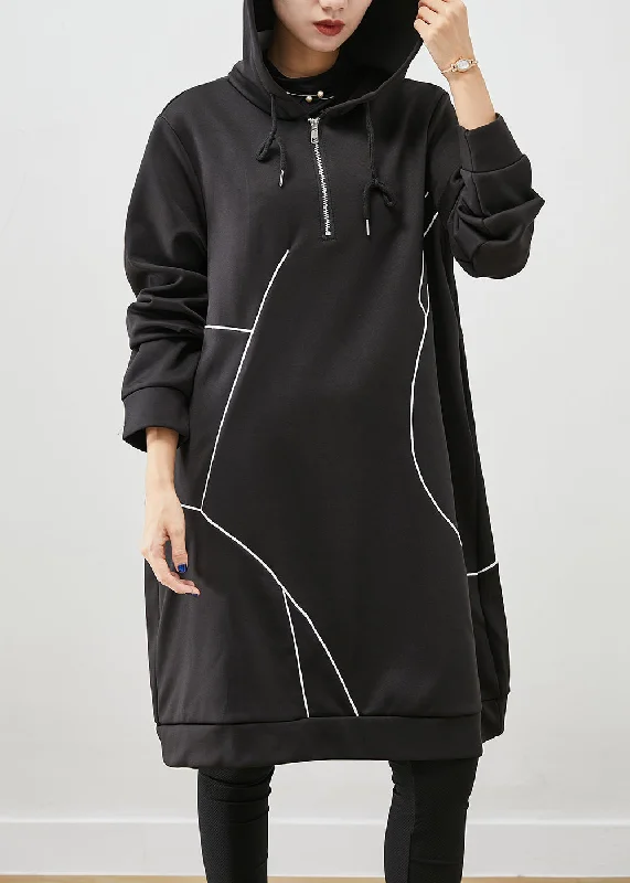 Italian Black Oversized Patchwork Cotton Sweatshirt Dress Fall Hoodie with Relaxed Fit Easy Casual Italian Black Oversized Patchwork Cotton Sweatshirt Dress Fall Hoodie with Relaxed Fit Easy Casual