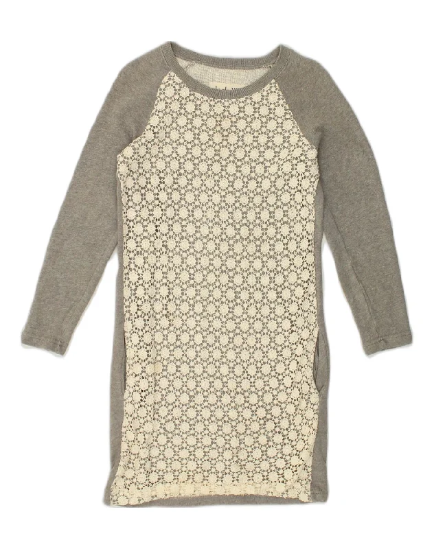 JACK WILLS Womens Sweatshirt Dress UK 6 XS Grey Cotton Hoodie with Hem Fringe Bohemian Relaxed